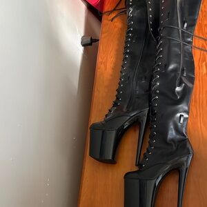 Black Platform Lace-Up Thigh-High Boots